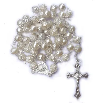 8 mm White Pearl Rose Kroglice Venec Križ Obesek Za Ogrlico Ženske Pulover Verige Plastične Kroglice Katoliške Nakit Dodatki
